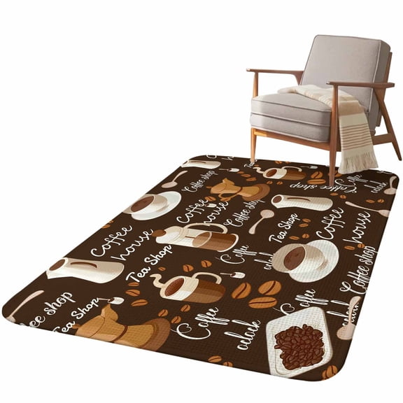 5.25'x7.55' Area Rug for Living Room, Coffee Non Slip Soft Large Rugs for Bedroom Dining Room Office, Washable Low Pile Rugs Kitchen Nursery Floor Mat Brown Retro Coffee Theme Beans Latte Tea Cup