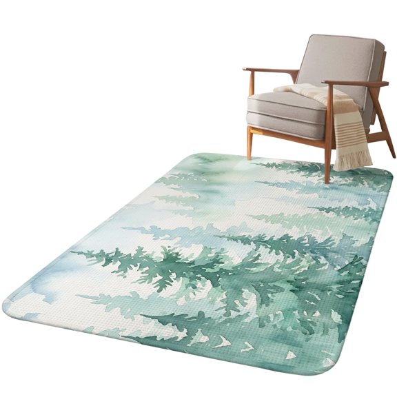 5.25'x7.55' Area Rug for Living Room, Green Mist Forest Non Slip Soft Large Rugs for Bedroom Dining Room Office, Washable Low Pile Rugs Kitchen Nursery Floor Mat Watercolor Country Trees Natural View