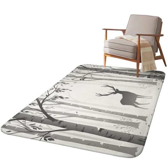 5.25'x7.55' Area Rug for Living Room, Grey Deer Non Slip Soft Large Rugs for Bedroom Dining Room Office, Washable Low Pile Rugs Kitchen Floor Mat Rustic Woodland Misty Forest Elk Natural Scenery