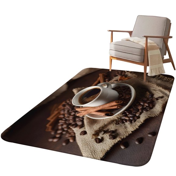5.25'x7.55' Area Rug for Living Room, Hot Coffee Non Slip Soft Large Rugs for Bedroom Dining Room Office, Washable Low Pile Rugs Kitchen Nursery Floor Mat Cinnamon Cafe Beans Latte Cup Rustic Vintage