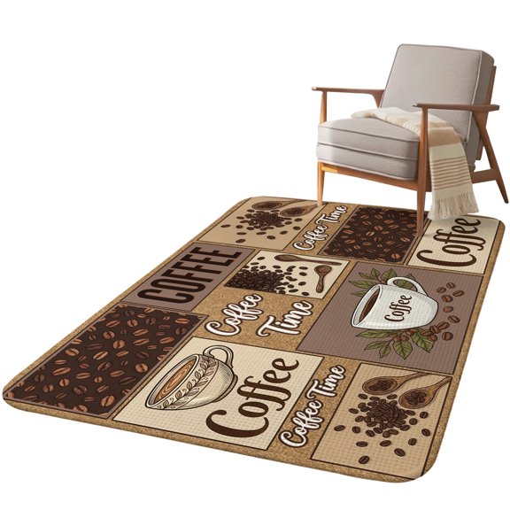 5.25'x7.55' Area Rug for Living Room, Light Brown Coffee Time Non Slip Soft Large Rugs for Bedroom Dining Room Office, Washable Low Pile Rugs Kitchen Nursery Floor Mat Vintige Farmhouse Coffee Beans