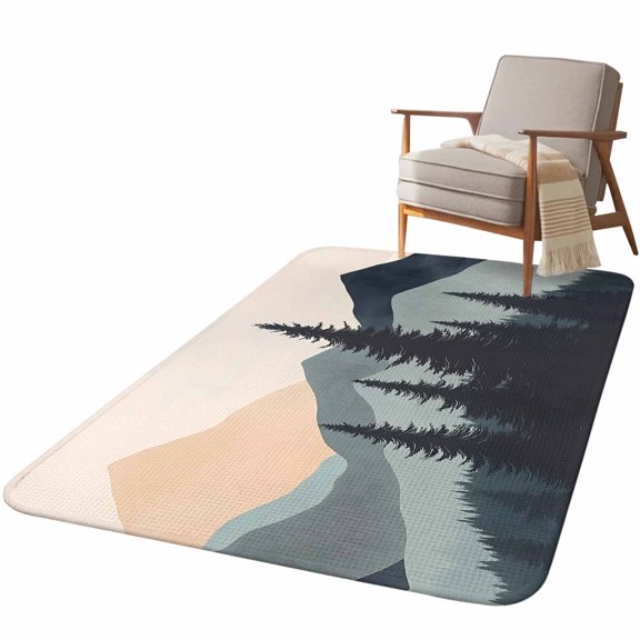 5.25'x7.55' Area Rug for Living Room, Mountain Forest Non Slip Soft Large Rugs for Bedroom Dining Room Office, Low Pile Rugs Kitchen Nursery Floor Mat Nature Tree Scenery Watercolor Pink Blue
