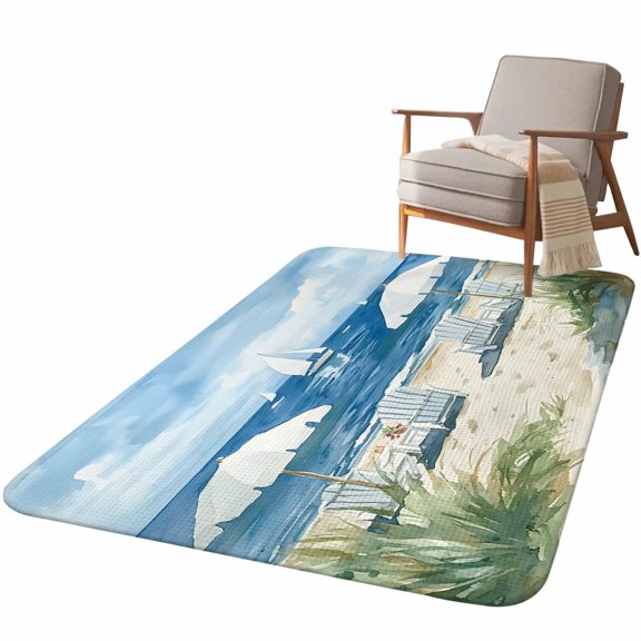 5.25'x7.55' Area Rug for Living Room, Nautical Sea Wave Blue Non Slip Soft Large Rugs for Bedroom Dining Room Office, Washable Low Pile Rugs Kitchen Nursery Floor Mat Ocean Coastal Beach Plant