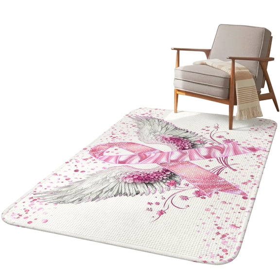 5.25'x7.55' Area Rug for Living Room, Pink Ribbon Wings Non Slip Soft Large Rugs for Bedroom Dining Room Office, Washable Low Pile Rugs Kitchen Nursery Floor Mat Bows Flowers Love Heart Abstract