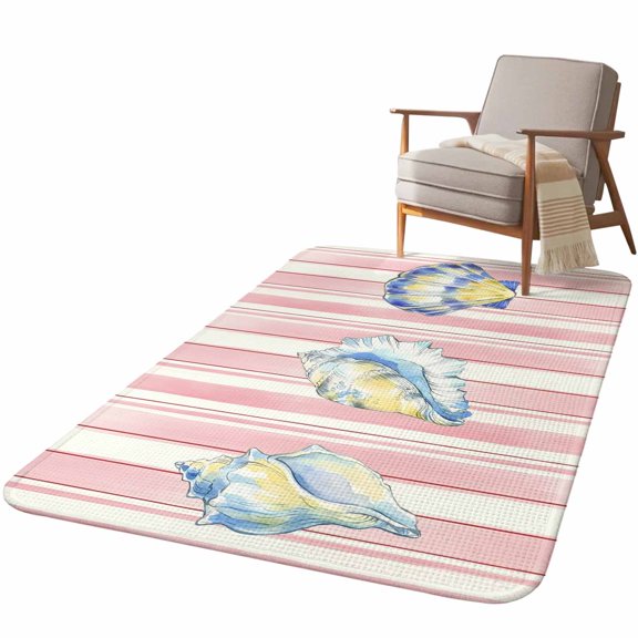 5.25'x7.55' Area Rug for Living Room, Pink Shell Coastal Non Slip Soft Large Rugs for Bedroom Dining Room Office, Washable Low Pile Rugs Kitchen Nursery Floor Mat Summer Beach Conch Ocean Striped