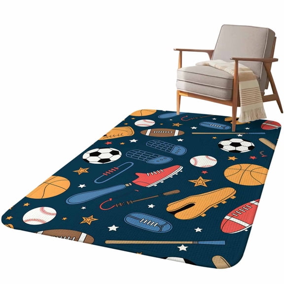 5.25'x7.55' Area Rug for Living Room, Sports Theme Non Slip Soft Large Rugs for Bedroom Dining Room Office, Low Pile Rugs Kitchen Nursery Floor Mat Cartoon Soccer Baseball Basketball Star Blue