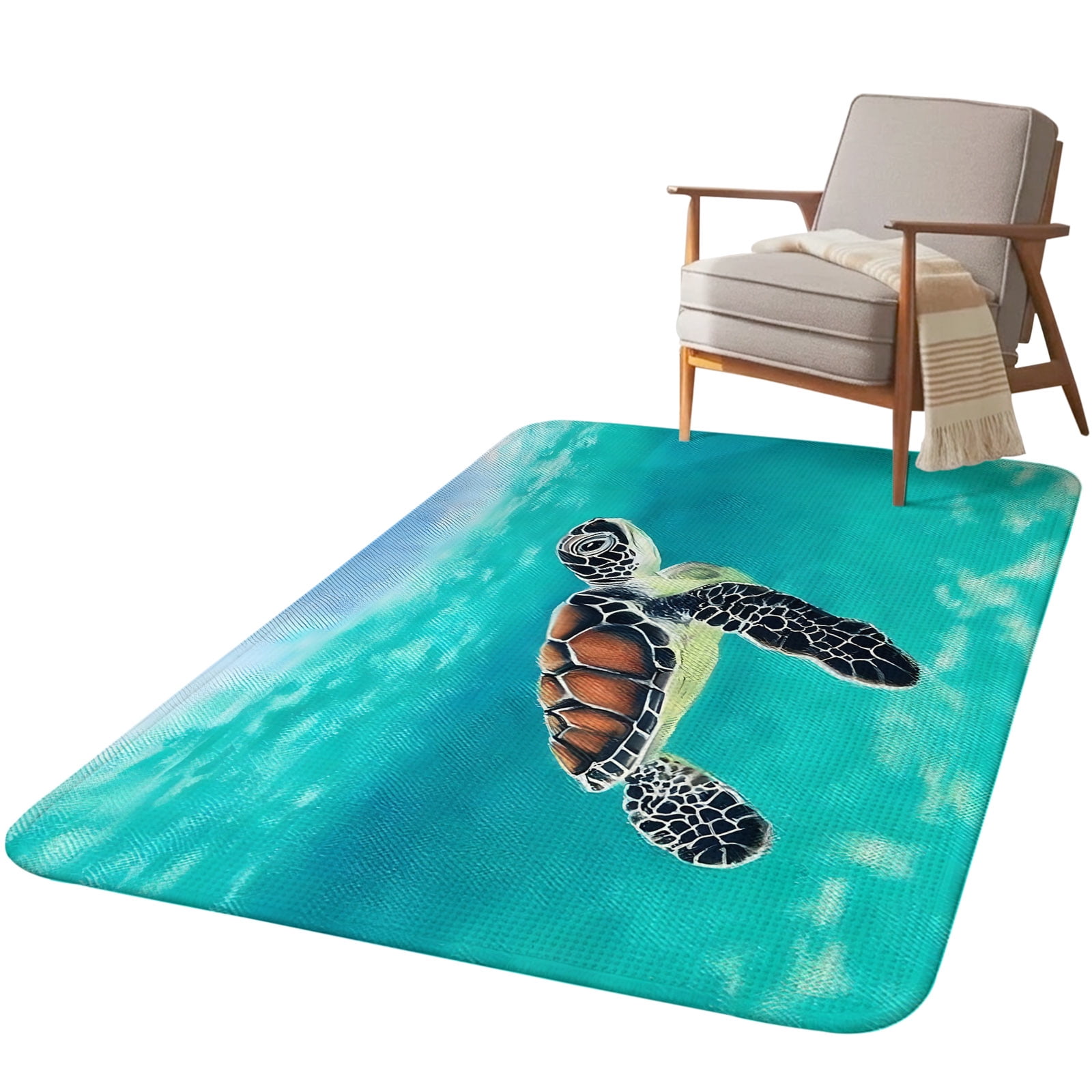 Turtle School Rug 5.25'x7.55' Area Rug for Living Room, Teal Turtle Coastal Non Slip Soft ...