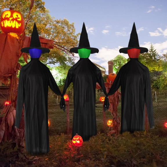 5.25ft Halloween Animated Black Witch Decoration with Color-Changing LED Head, Spooky Sounds, Indoor/Outdoor Standing Yard Decor