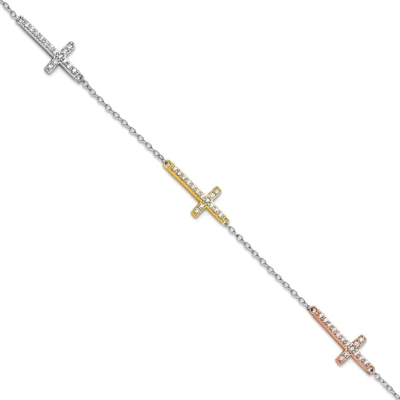 5.25mm 925 Sterling Silver Rhodium Plated Gold Rose-tone CZ Religious Faith Cross With 1inch Extension Bracelet 7 Inch L