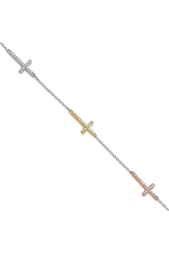 5.25mm 925 Sterling Silver Rhodium Plated Gold Rose-tone CZ Religious Faith Cross With 1inch Extension Bracelet 7 Inch L