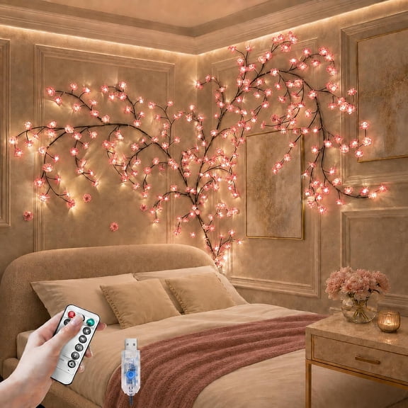 5.2FT Cherry Blossom Willow Vine LED Tree Branch Lights,72 LED, Wall Decor Pink Dimmable Garland Decor, 8 Lighting Modes, USB Charging,Indoor Window Bedroom Wedding Christmas Gift