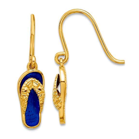 14k Solid Yellow Gold Polished Blue Enameled Flip Flop Shepherd Hook Long Drop Dangle Earrings 22x5.2mm Wide Dangle Earr