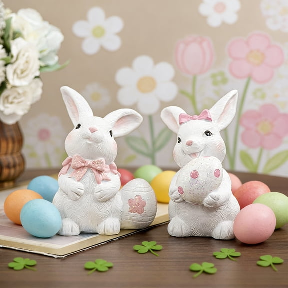 5.2x3.8x2.17inEaster Resin Bunny Embracing Easter Eggs Ornament – White Cute Rabbit Figurine for Tabletop Home Spring Decoration Gift
