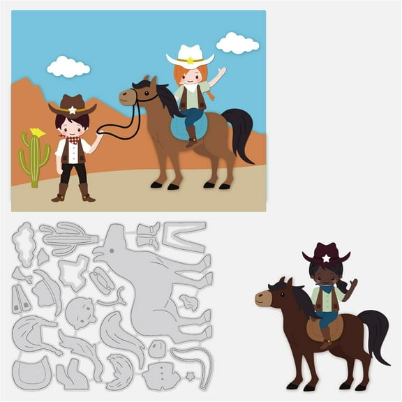 5.2x4.4inch Cowboy Metal Cutting Dies Horse Hat Saddle Jacket Die Cuts Embossing Stencil for Card Making Scrapbooking Paper Craft Matte Platinum Color