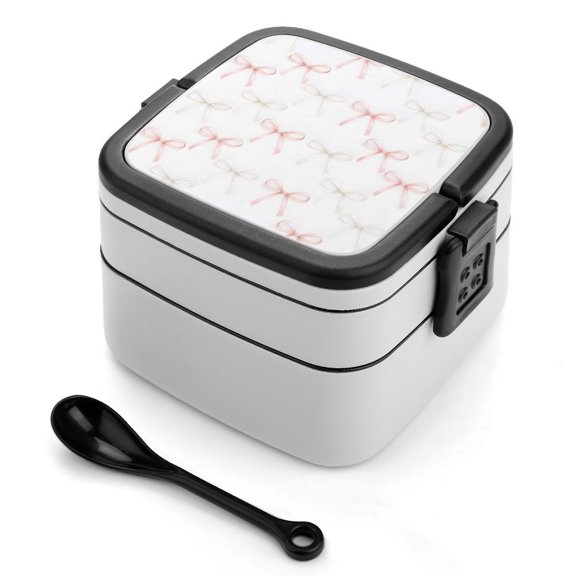 5.34.3in Double-Layer Bento Box Sealing Leakproof Partition Design Buckle Design Convenient Switch With Handle Elegant Thin Pastel Satin Ribbon Bow Pattern