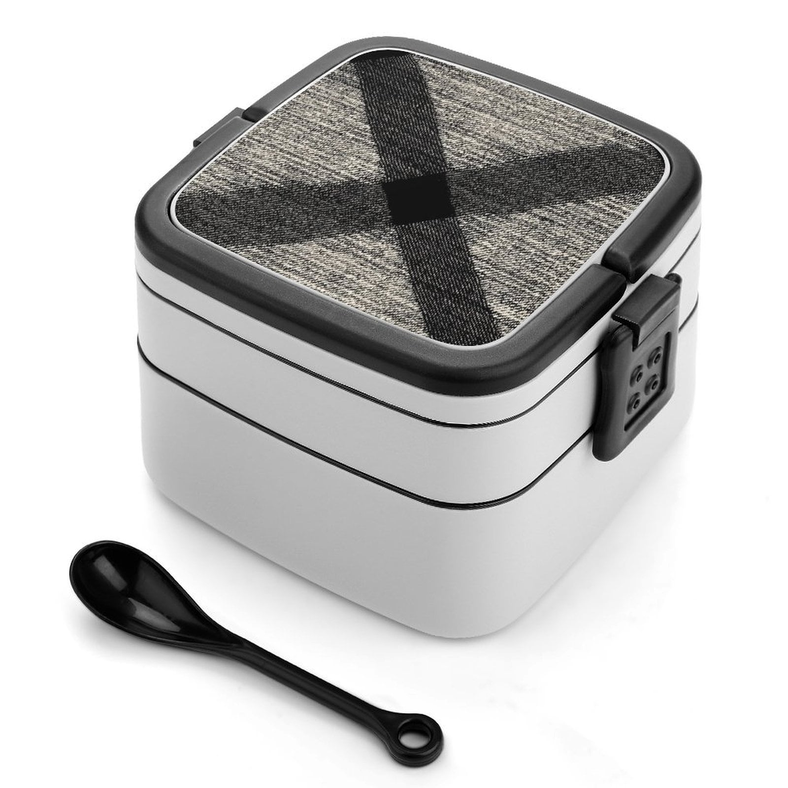 5.3×4.3in Double-Layer Bento Box Sealing Leakproof Partition Design Buckle Design Convenient Switch With Handle Argyle Plaid DimGray_95746_4