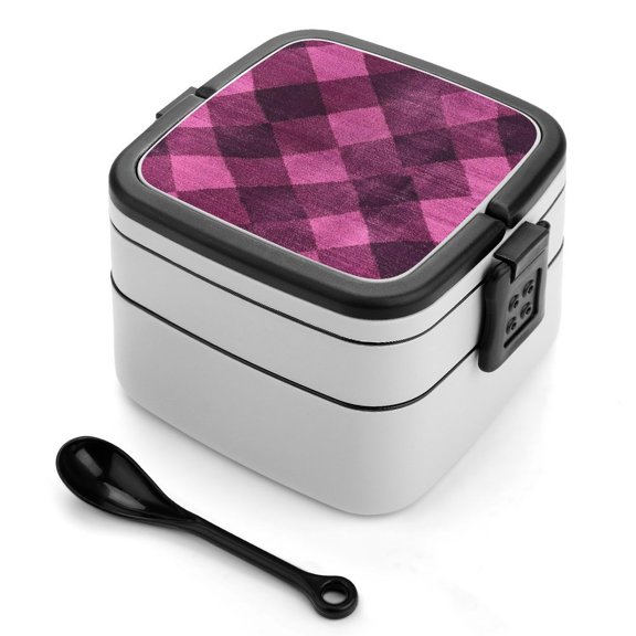 5.34.3in Double-Layer Bento Box Sealing Leakproof Partition Design Buckle Design Convenient Switch With Handle Argyle Plaid Magenta_2