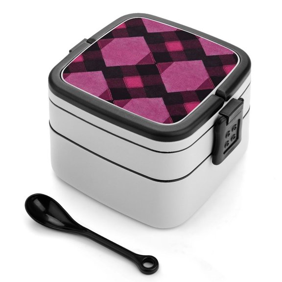 5.34.3in Double-Layer Bento Box Sealing Leakproof Partition Design Buckle Design Convenient Switch With Handle Argyle Plaid Magenta_3