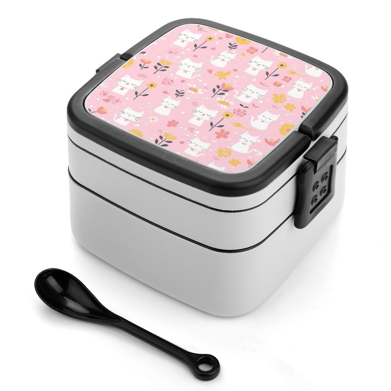 5.3×4.3in Double-Layer Bento Box Sealing Leakproof Partition Design Buckle Design Convenient Switch With Handle Cartoon Cat And Flowers