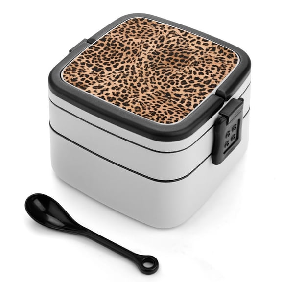 5.34.3in Double-Layer Bento Box Sealing Leakproof Partition Design Buckle Design Convenient Switch With Handle Leopard Print Pattern