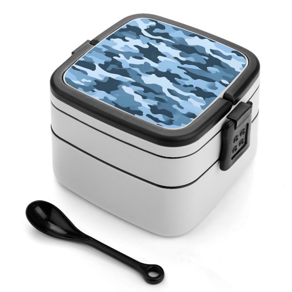 5.34.3in Double-Layer Bento Box Sealing Leakproof Partition Design Buckle Design Convenient Switch With Handle Vector Camouflage Pattern Blue_3