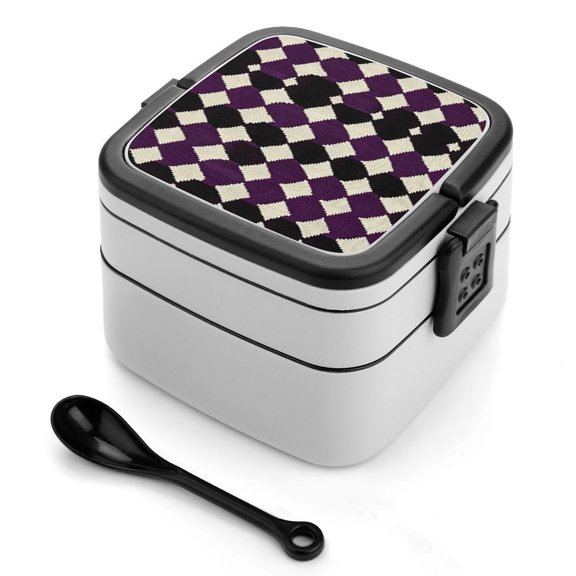 5.34.3in Double-Layer Bento Box Sealing Leakproof Partition Design Buckle Design Convenient Switch With Handle Violet Retro Houndstooth_3