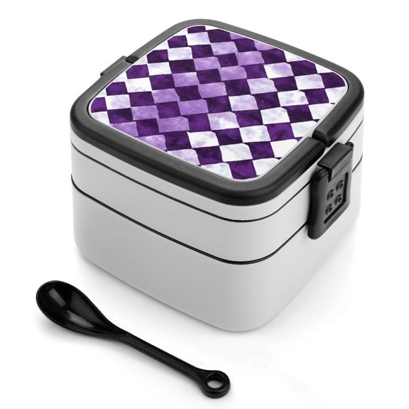 5.34.3in Double-Layer Bento Box Sealing Leakproof Partition Design Buckle Design Convenient Switch With Handle Violet Retro Houndstooth_4