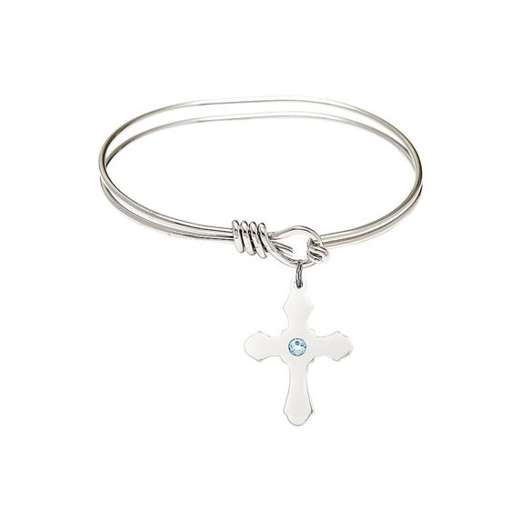 5 3/4 inch Oval Eye Hook Bangle Bracelet w/ Cross medal charm w/ March Blue Swarovski Crystal