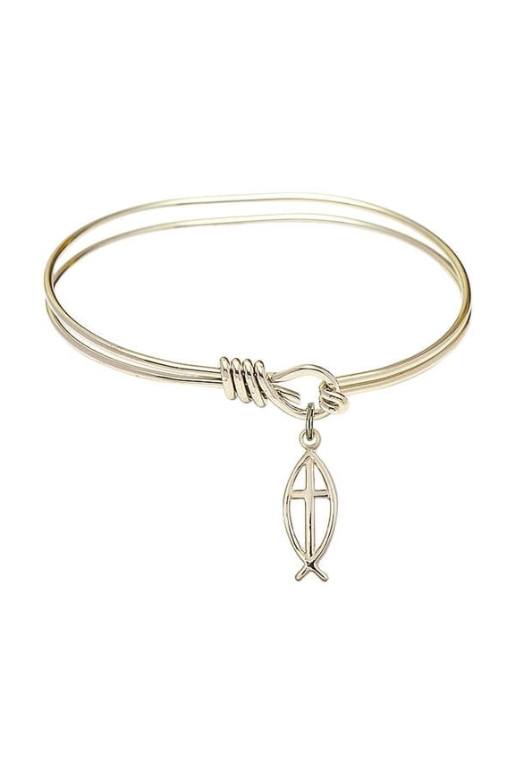 5 3/4 inch Oval Eye Hook Bangle Bracelet w/ Fish / Cross in Gold-Filled