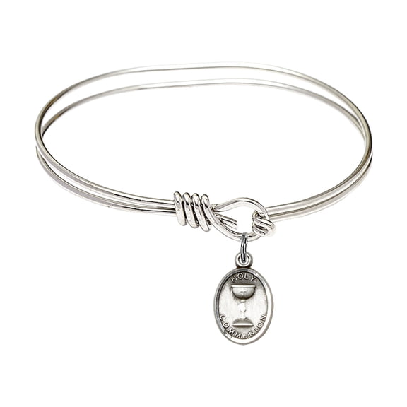 5 3/4 inch Oval Eye Hook Bangle Bracelet w/ Holy Communion in Sterling Silver