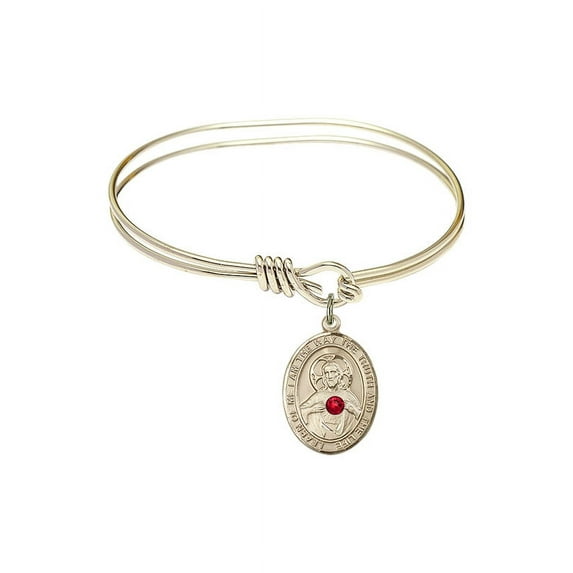 5 3/4 inch Oval Eye Hook Bangle Bracelet w/ Scapular medal charm w/ July Red Swarovski Crystal