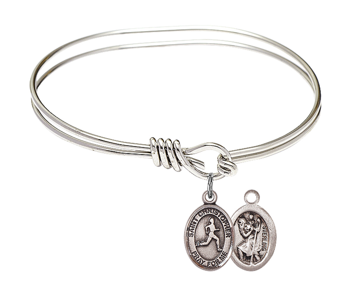 5 3/4 inch Oval Eye Hook Bangle Bracelet w/ St. Christopher/Track & Field in Sterling Silver