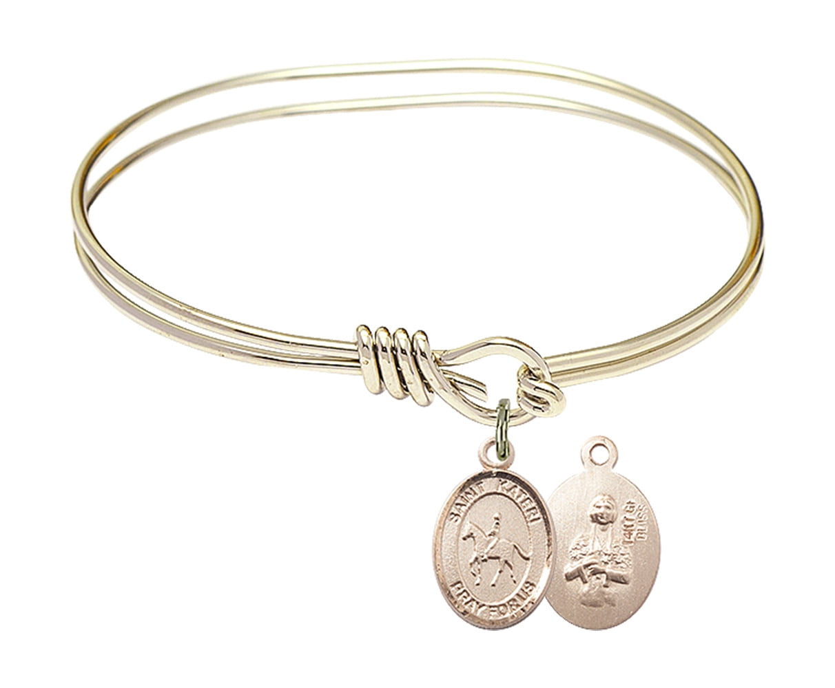 5 3/4 inch Oval Eye Hook Bangle Bracelet w/ St. Kateri/Equestrian in Gold-Filled