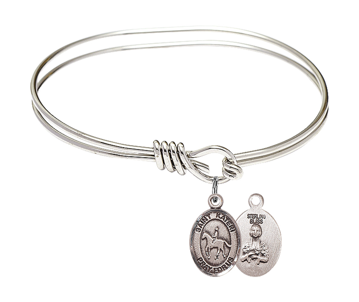 5 3/4 inch Oval Eye Hook Bangle Bracelet w/ St. Kateri/Equestrian in Sterling Silver