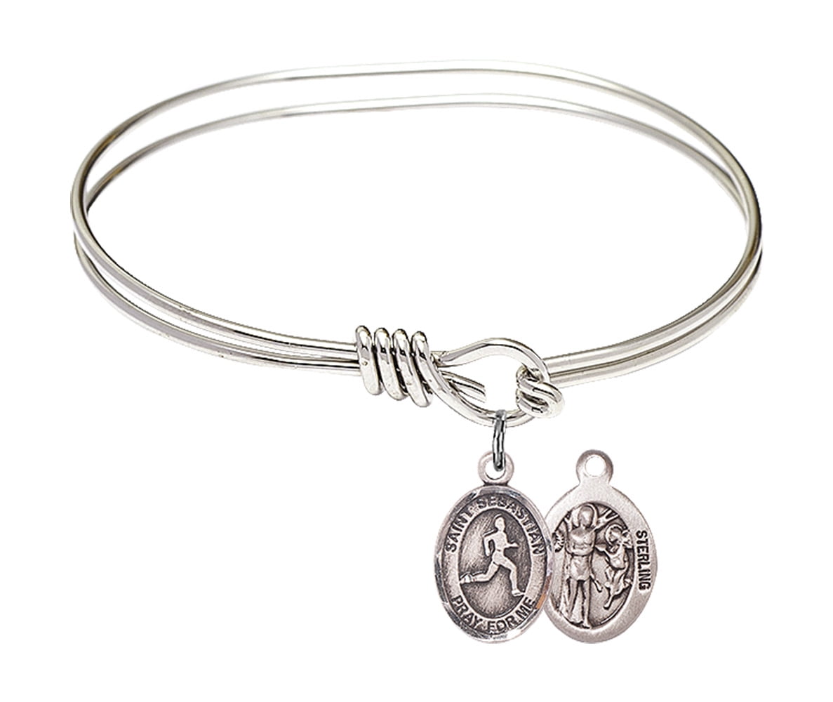 5 3/4 inch Oval Eye Hook Bangle Bracelet w/ St. Sebastian/Track & Field in Sterling Silver