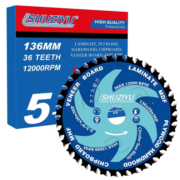 5-3/8”(136mm)-36T, Wood Working Circular Saw Blade, Arbor 20mm with 5/8"-10mm Washer, Compatible with Cordless Saw, for Laminate, Veneer Board, Plywood, Hard Wood, MDF and HDF Cutting