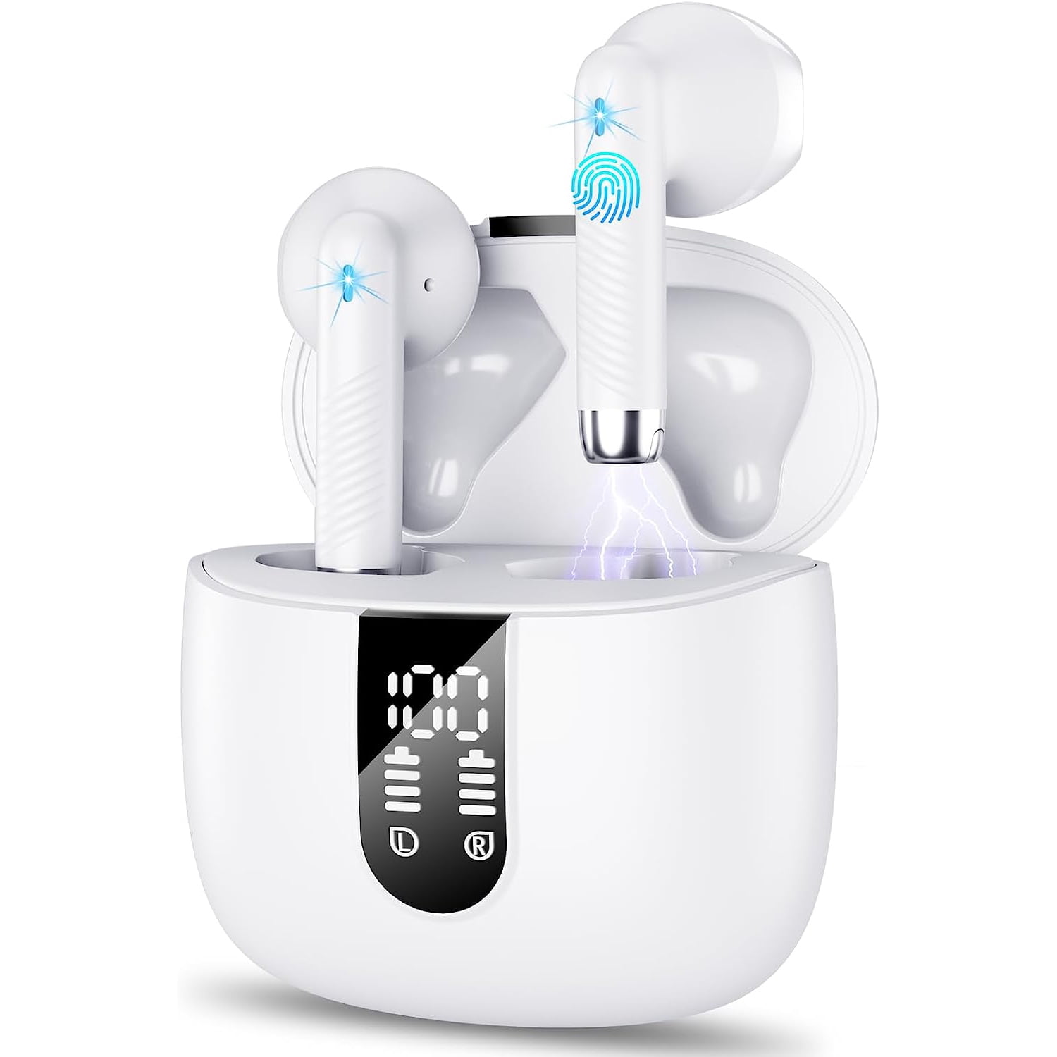 5.3 Bluetooth True Wireless Earbuds for AT&T Fusion 5G with IPX-4 Waterproof, Touch Control, Stereo Sound, and Digital Display for Sports - White