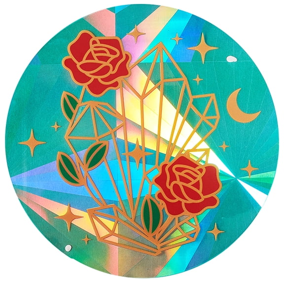 5.3" Diameter Large Rainbow Window Clings Round Static Window Decals Gold Diamond Red Rose Print Suncatcher Stickers Anti-Collision Film for DIY