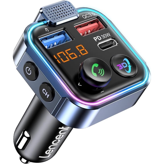 5.3 FM Transmitter, Radio Kit with Type-C PD 30W+ QC3.0 , Hands- Calling, Audio Stereo Mp3 Player Receiver, Supports U Disk, Color Light