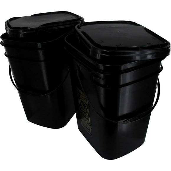 5.3 Gallon Black Rectangular Bucket/Pail with Hinged Snap Lid, 2 Pack