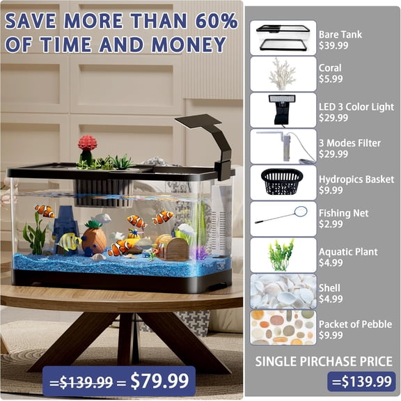 5.3 Gallon Fish Tank, 9 in 1 Betta Fish Tank, Aquarium with LED Full 3 Color Light, 3 Modes Filter, Hydroponic Basket, Fishing Net, Shells, Aquatic Plant, Pebbles, Coral, Starter Kit (Black)