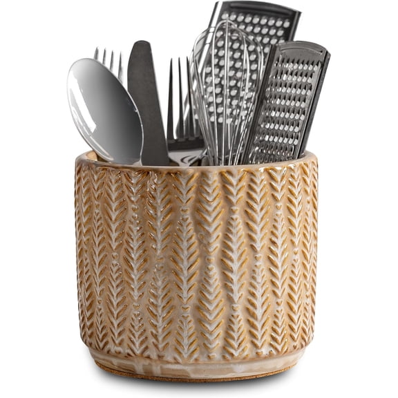 5.3-Inch Ceramic Utensil Crock Utensil Holder Countertop, Embossed Ceramic Storage Canister - with Non-Slip Cork Base, Rustic Farmhouse Multi-Purpose Desktop Organizer, Kitchen Decor(Wheat Brown)