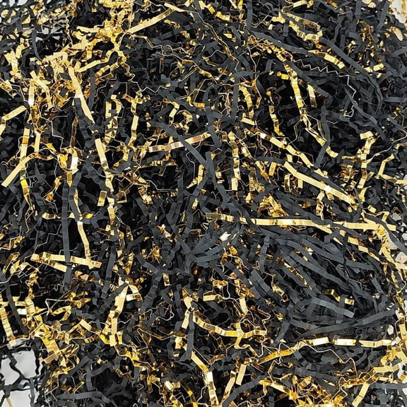 5.3 OZ Black & Gold Crinkle Paper Filler Shredded Confetti Stuffing for Gift Baskets Boxes and Bags Crinkled Cut Papers Shred Basket Grass Birthday Christmas Box Filling