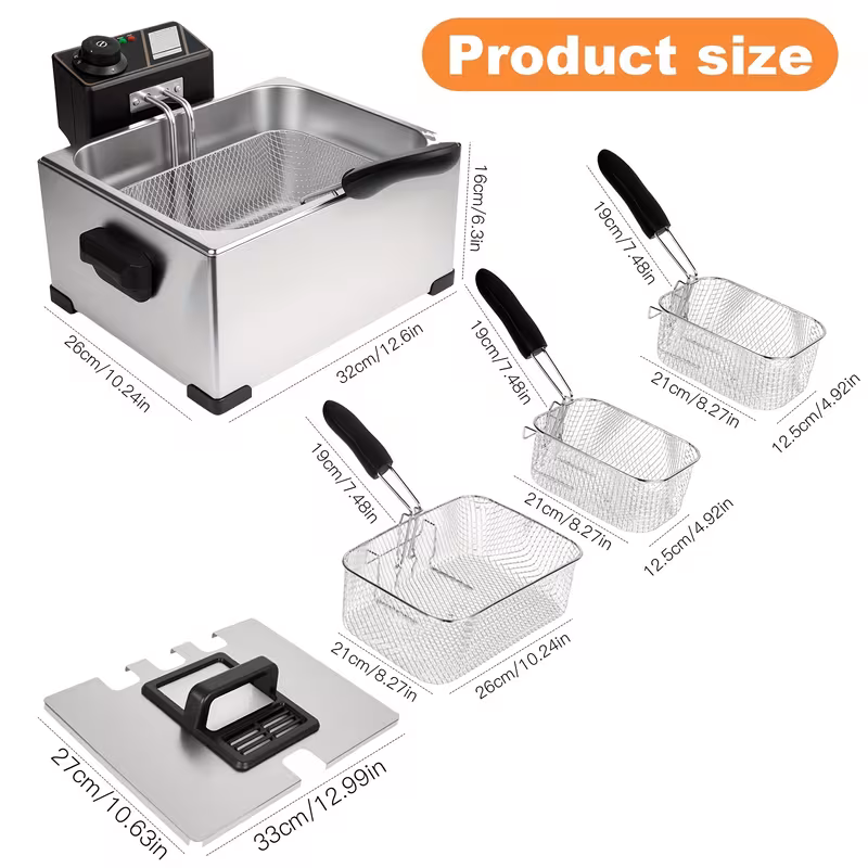5.3 QT Electric Deep Fryer with 3 Baskets, 5L 304Stainless Steel Deep Fryer with 60 Minute Timer and Lid with View Window, Home Countertop Oil Fryer with Temperature Control for Kitchen, Party, Fre