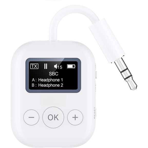 5.3 Transmitter w/Screen for TV to 2 Headphones, aptX AD/LL/ Hi-Fi Audio, 25H Playtime, 3.5mm AUX Adapter for TV, PC, CD Player, MP3, Gym, Projector - Transmitter Only
