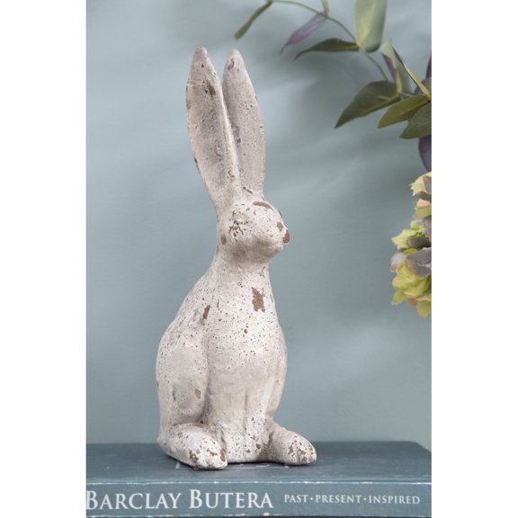 5.3 x 4.5 x12.8 Inch Weathered Cream Cement Rabbit Statue, Farmhouse Bunny Figurine for Tabletop Mantel Shelf Home Decor