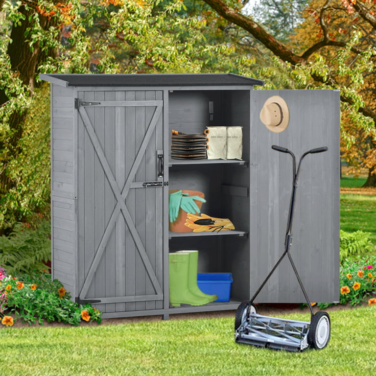 5.3' x 4.6' Outdoor Storage Shed, SYNGAR Wood Vertical Storage Organizer  with Shelves and Lockable Doors, Tools Storage Cabinet with Waterproof  Asphalt Roof, for Garden, Yard, Gray, D7316 