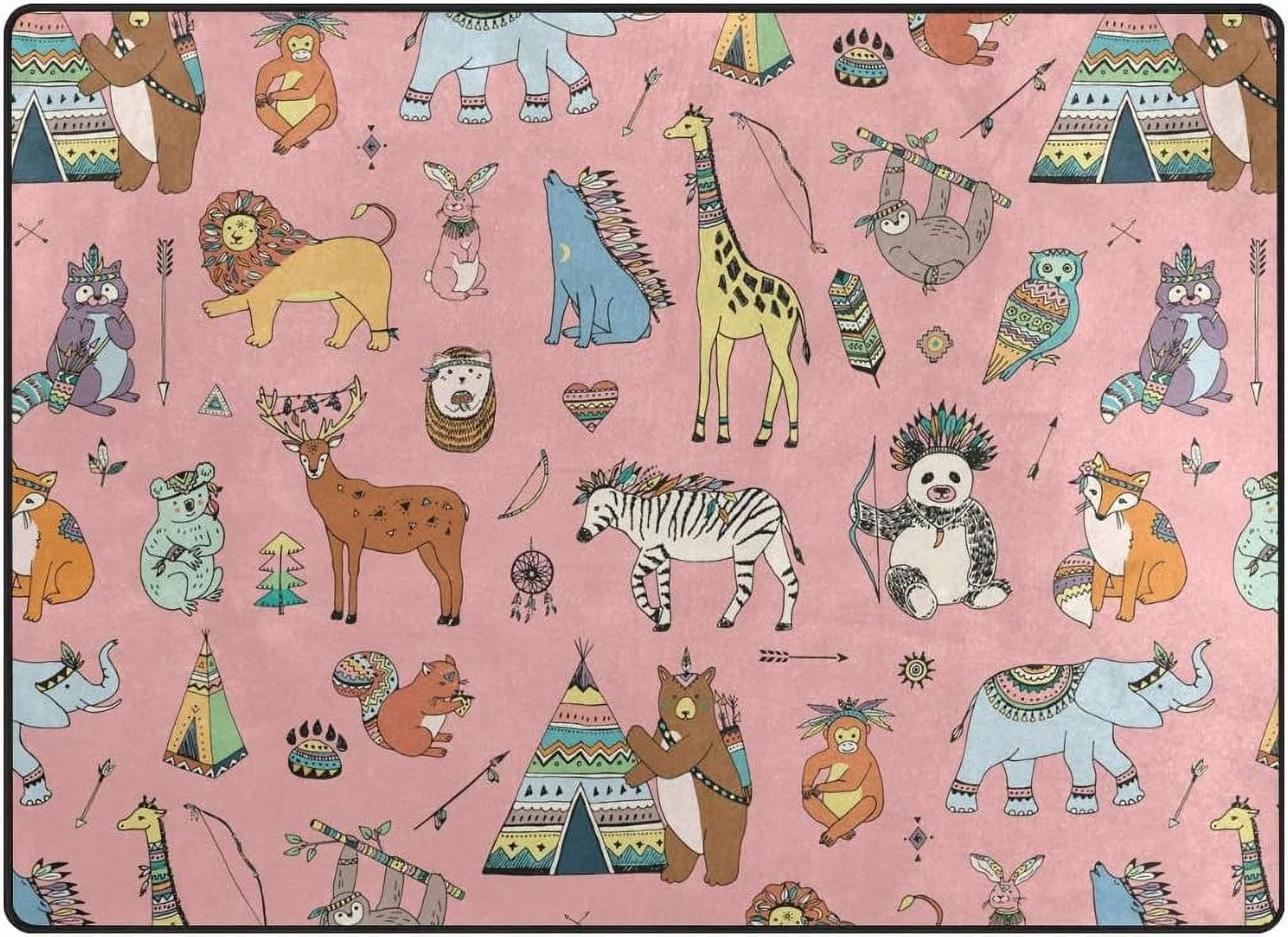 5-3-x-4-63-x-48-inch-area-rug-pad-tribal-animals-on-pink-nursery