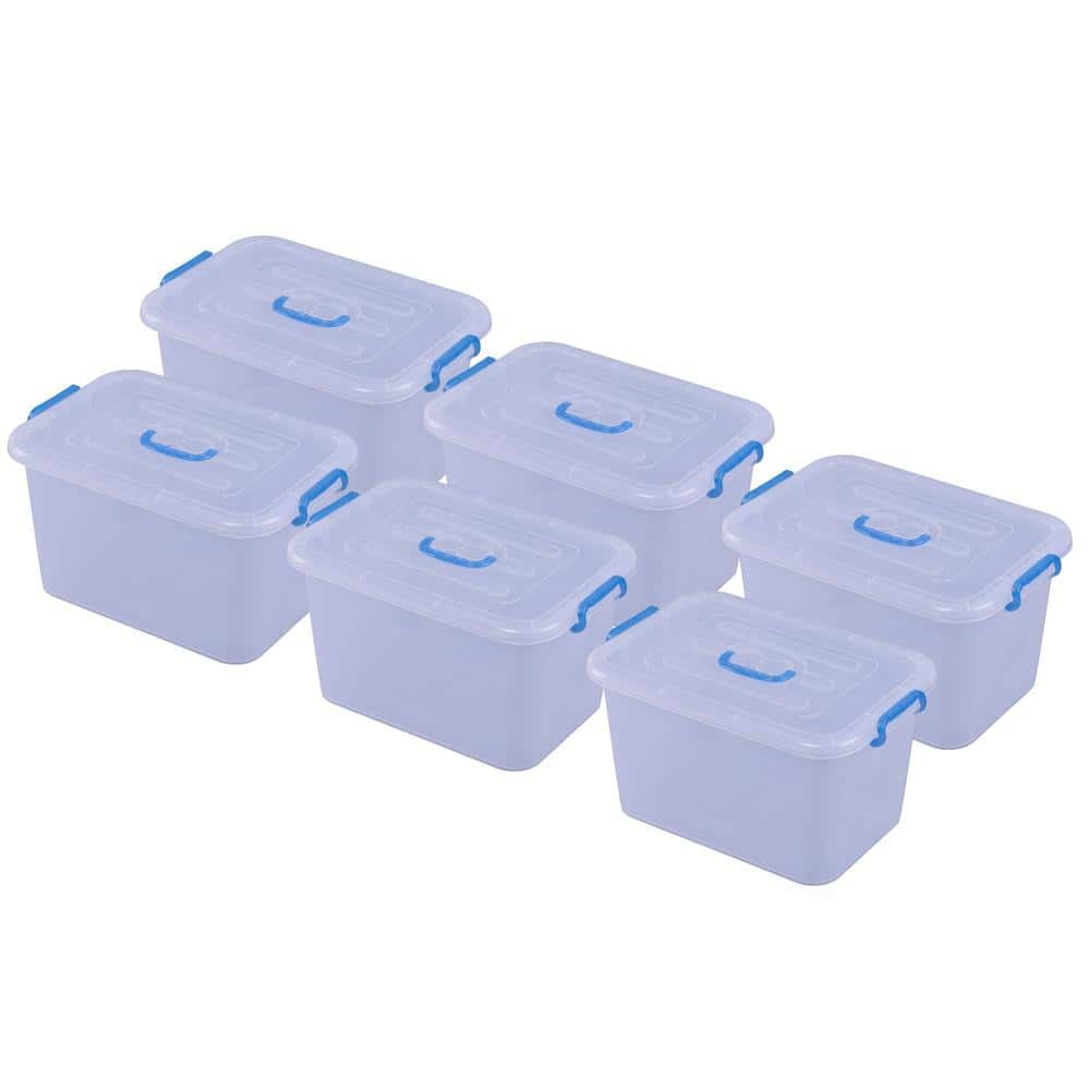 Large Clear Plastic Storage Containers with Blue Handles, Set of 6
