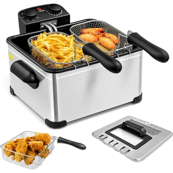 5.3QT Electric Deep Fryer Stainless Steel, 3 Baskets, Timer & View Window Lid, Temperature Control Countertop Fryer for Kitchen & Party
